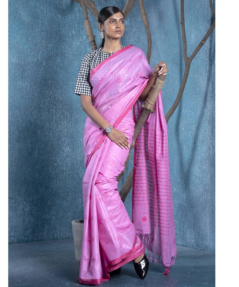 baby pink silk blend slub blended cotton saree with pink motifs