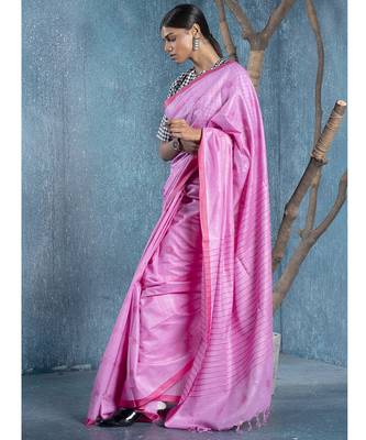 baby pink silk blend slub blended cotton saree with pink motifs 2