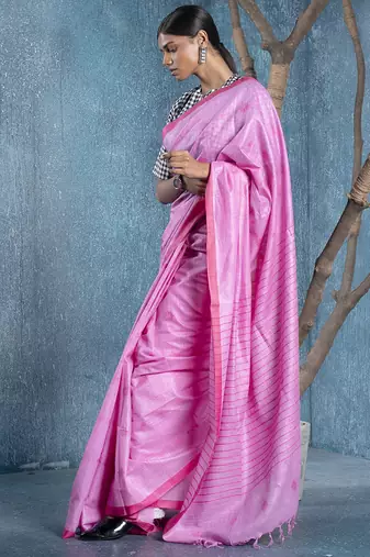 baby pink silk blend slub blended cotton saree with pink motifs