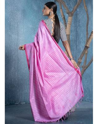 baby pink silk blend slub blended cotton saree with pink motifs 4