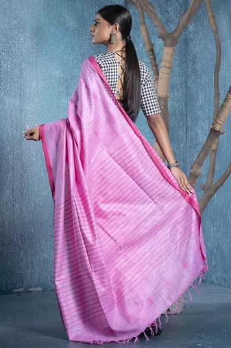 baby pink silk blend slub blended cotton saree with pink motifs