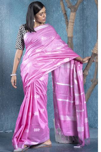 pink slub silk blend blended cotton saree with chanderi motifs