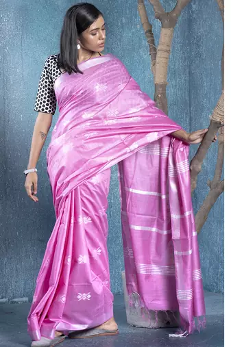 pink slub silk blend blended cotton saree with chanderi motifs