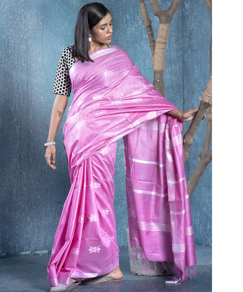 pink slub silk blend blended cotton saree with chanderi motifs