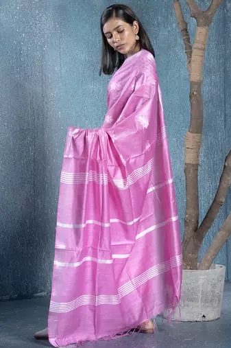 pink slub silk blend blended cotton saree with chanderi motifs