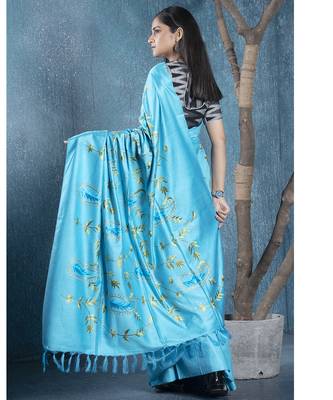 blue blended linen saree with green color floral embroidery 3