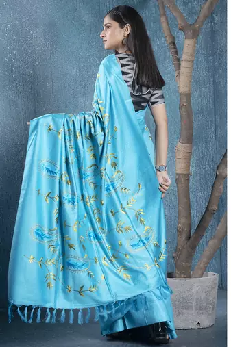 blue blended linen saree with green color floral embroidery