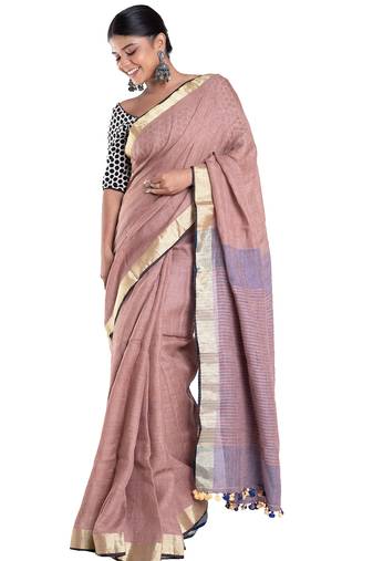 wood brown linen saree with zari border pallu