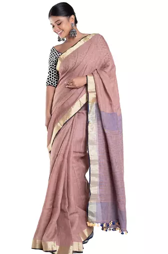 wood brown linen saree with zari border pallu