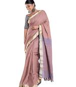 wood brown linen saree with zari border pallu