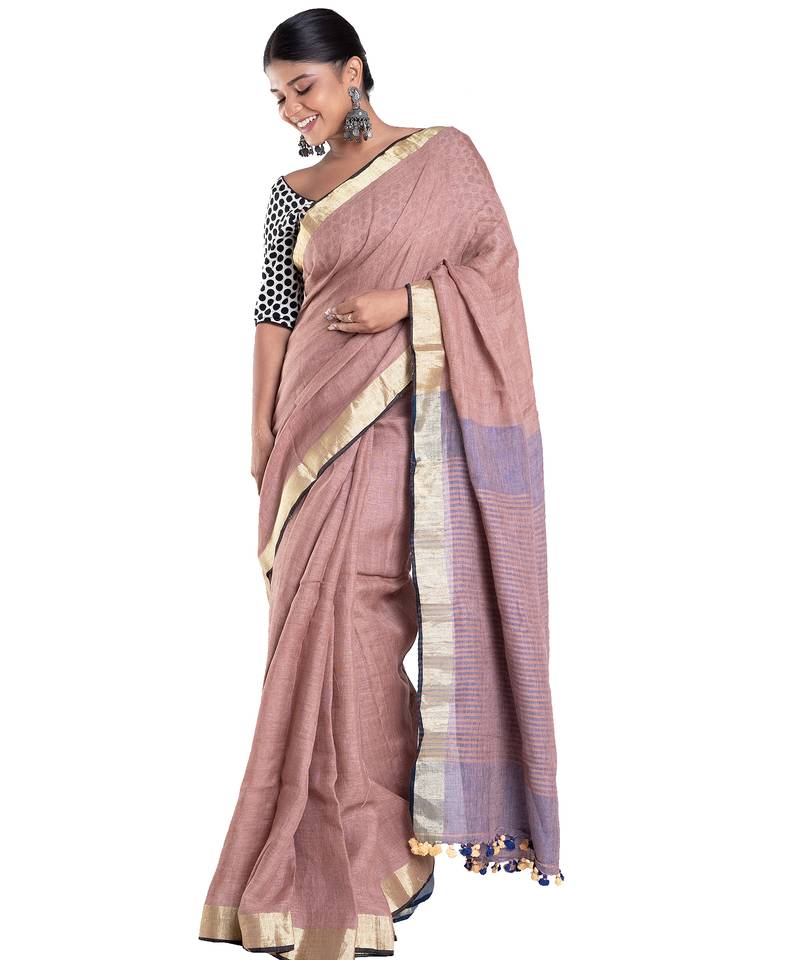 wood brown linen saree with zari border pallu