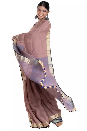 wood brown linen saree with zari border pallu