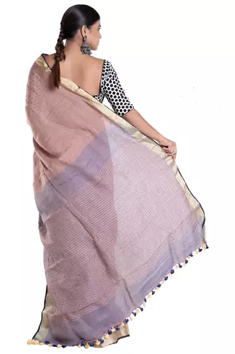 wood brown linen saree with zari border pallu