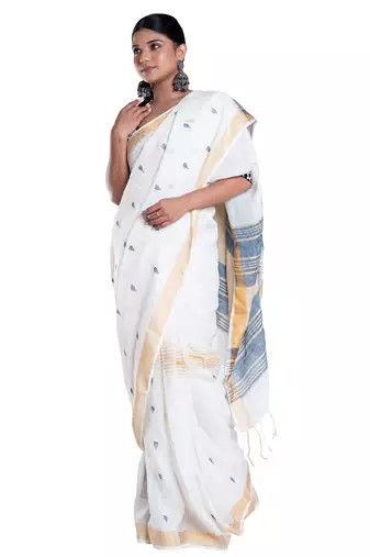ivory handloom linen saree with blue booti and golden border