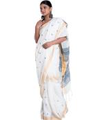 ivory handloom linen saree with blue booti and golden border