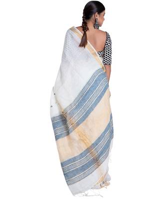 ivory handloom linen saree with blue booti and golden border 3