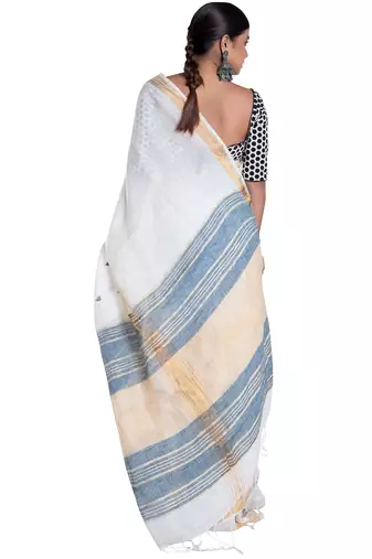 ivory handloom linen saree with blue booti and golden border