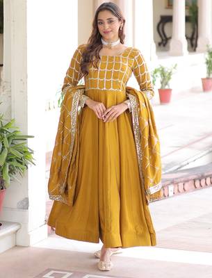 Stunning Mustard Sequins Silk Festival Wear Gown With Dupatta 1