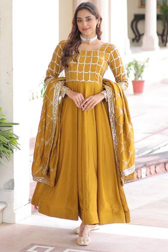 Stunning Mustard Sequins Silk Festival Wear Gown With Dupatta