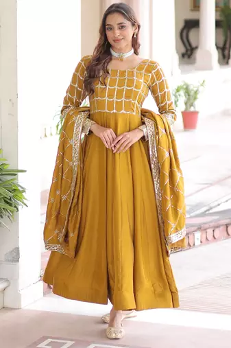 Stunning Mustard Sequins Silk Festival Wear Gown With Dupatta