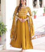 Stunning Mustard Sequins Silk Festival Wear Gown With Dupatta