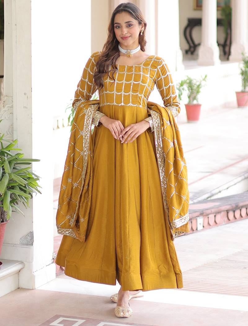 Stunning Mustard Sequins Silk Festival Wear Gown With Dupatta