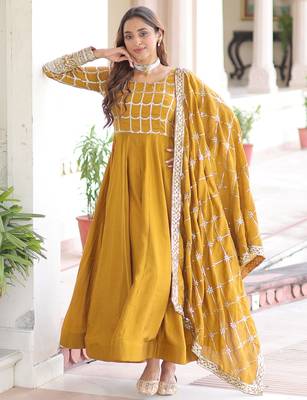Stunning Mustard Sequins Silk Festival Wear Gown With Dupatta 2
