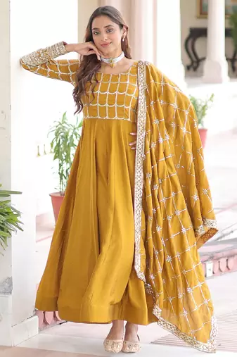 Stunning Mustard Sequins Silk Festival Wear Gown With Dupatta