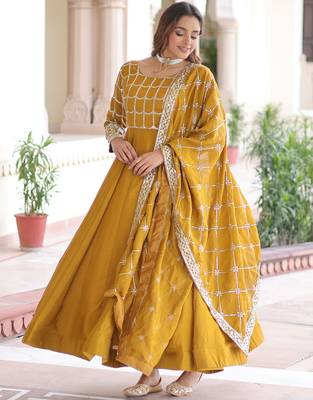 Stunning Mustard Sequins Silk Festival Wear Gown With Dupatta 3