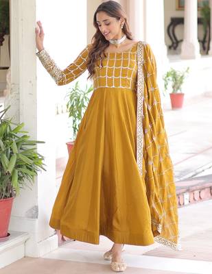 Stunning Mustard Sequins Silk Festival Wear Gown With Dupatta 4