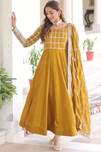 Stunning Mustard Sequins Silk Festival Wear Gown With Dupatta