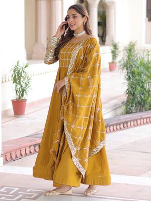 Stunning Mustard Sequins Silk Festival Wear Gown With Dupatta 5