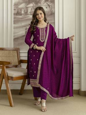 Trendmalls Purple Art Silk Embroidery With Sequence Work Kurta Pant with Dupatta For Women  1