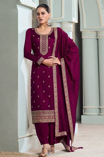 Purple Art Silk Embroidery With Sequence Work Kurta Pant with Dupatta For Women 