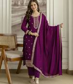 Trendmalls Purple Art Silk Embroidery With Sequence Work Kurta Pant with Dupatta For Women 