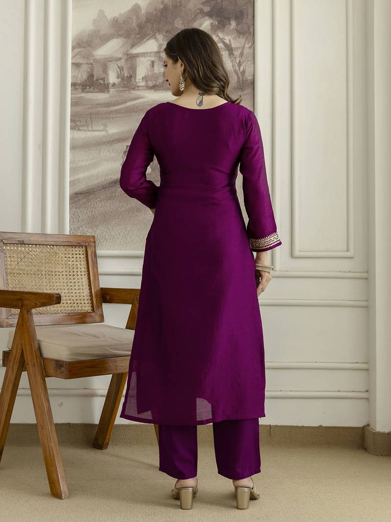 Trendmalls Purple Art Silk Embroidery With Sequence Work Kurta Pant with Dupatta For Women 