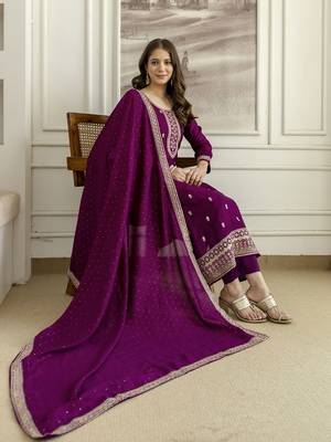 Trendmalls Purple Art Silk Embroidery With Sequence Work Kurta Pant with Dupatta For Women  3