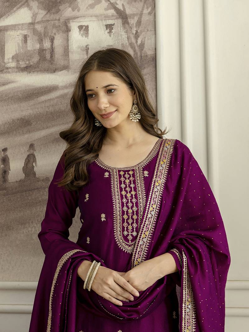 Trendmalls Purple Art Silk Embroidery With Sequence Work Kurta Pant with Dupatta For Women 