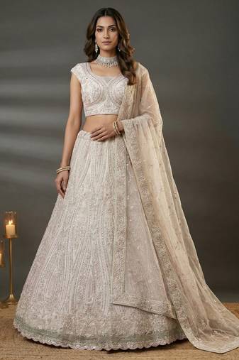  white diamond work net lehenga set choli with dupatta