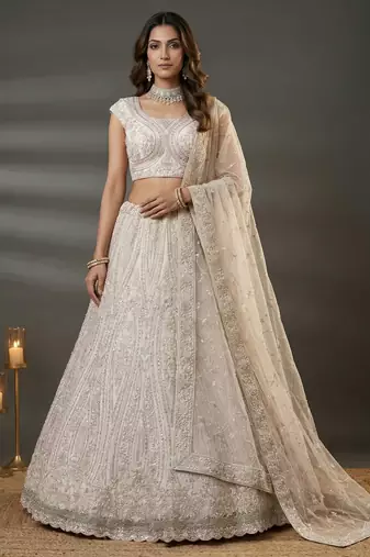  white diamond work net lehenga set choli with dupatta