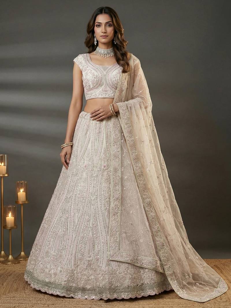  white diamond work net lehenga set choli with dupatta
