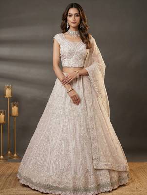  white diamond work net lehenga set choli with dupatta 2