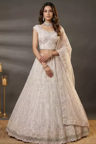  white diamond work net lehenga set choli with dupatta
