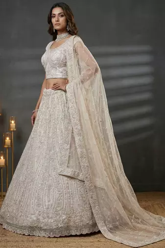  white diamond work net lehenga set choli with dupatta