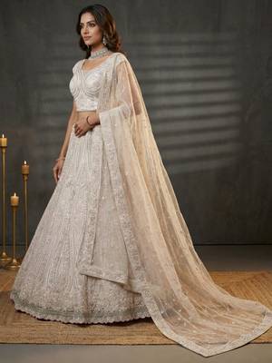  white diamond work net lehenga set choli with dupatta 5