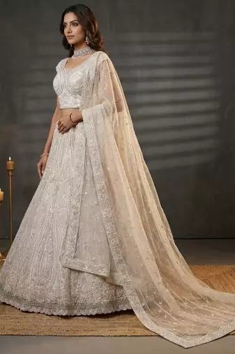 white diamond work net lehenga set choli with dupatta