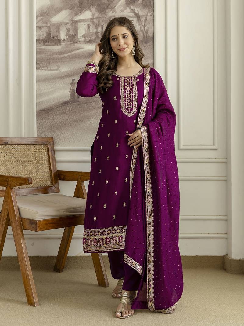 Trendmalls Purple Art Silk Embroidery With Sequence Work Kurta Pant with Dupatta For Women 