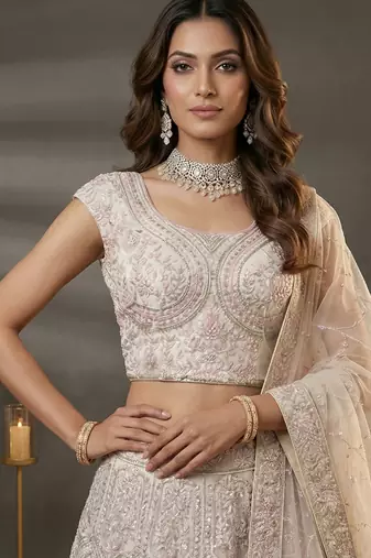  white diamond work net lehenga set choli with dupatta