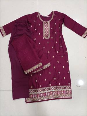 Trendmalls Purple Art Silk Embroidery With Sequence Work Kurta Pant with Dupatta For Women  6