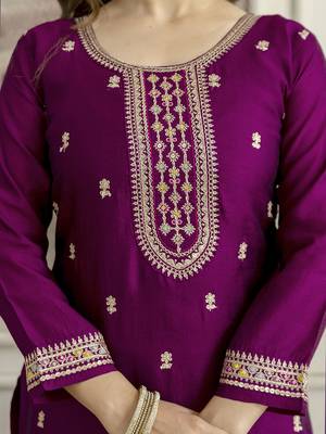 Trendmalls Purple Art Silk Embroidery With Sequence Work Kurta Pant with Dupatta For Women  8